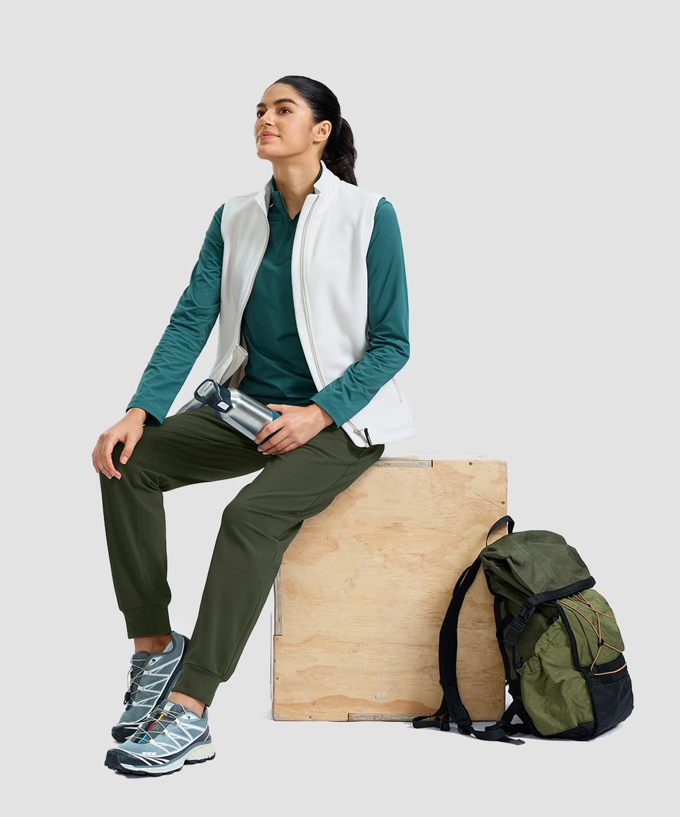 women's thermal with 3 zip pockets joggers in olive green - side view