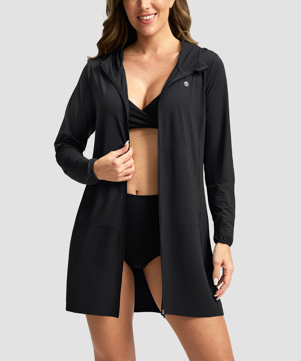 women's uv protection cover-up hoodie in black - front view