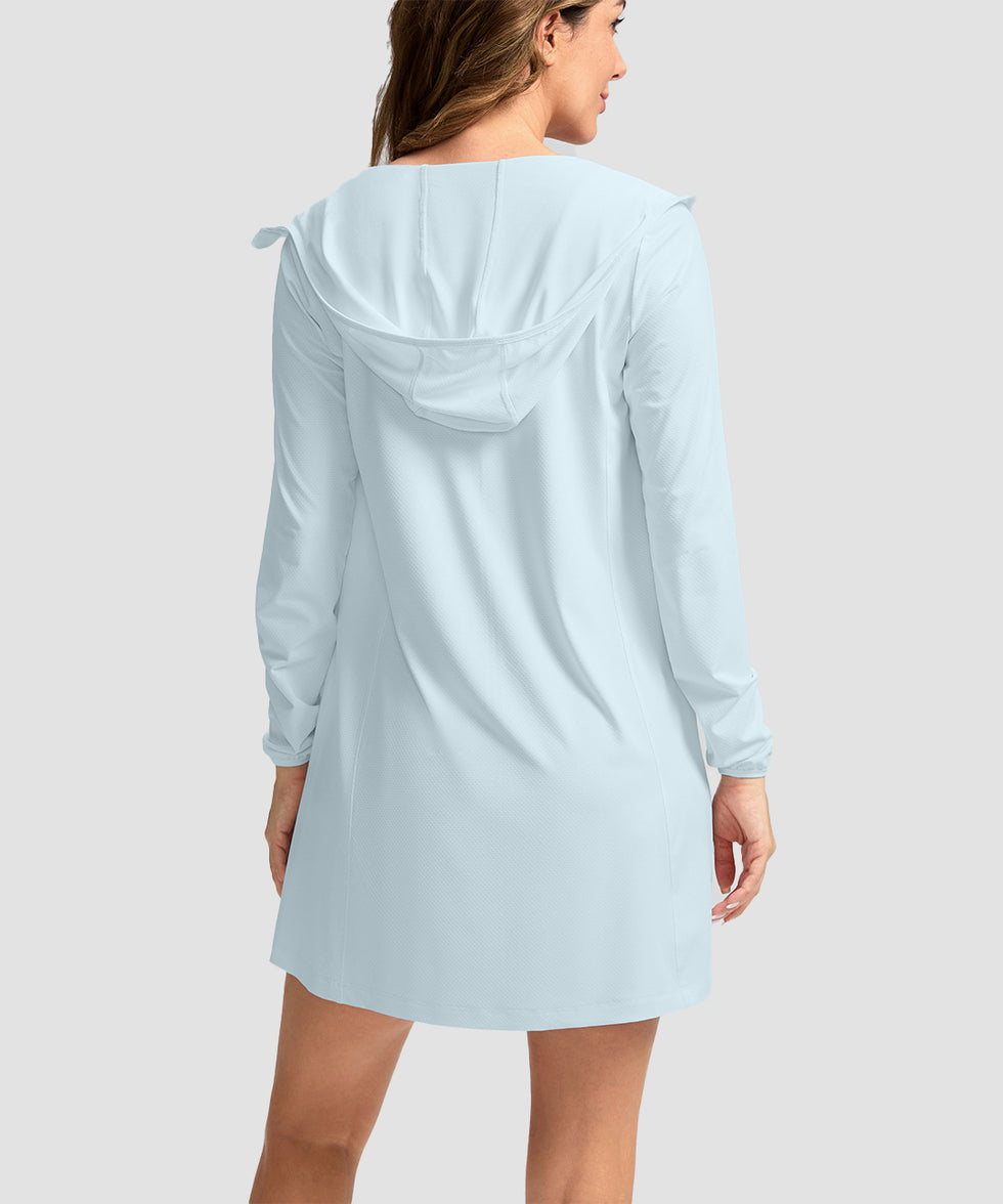 women's uv protection cover-up hoodie in light blue - back view