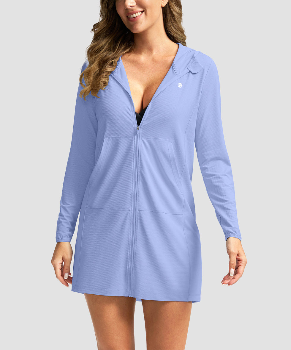 women's uv protection cover-up hoodie in purple blue - front view
