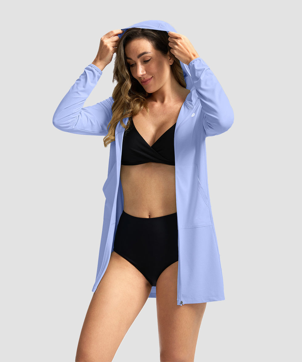 women's uv protection cover-up hoodie in purple blue - side view