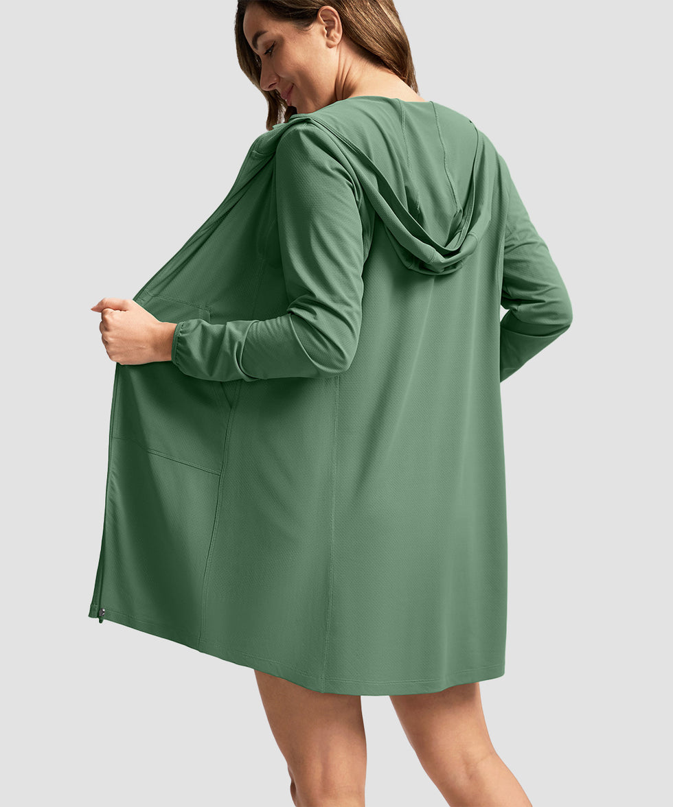 women's uv protection cover-up hoodie in slate green - back view
