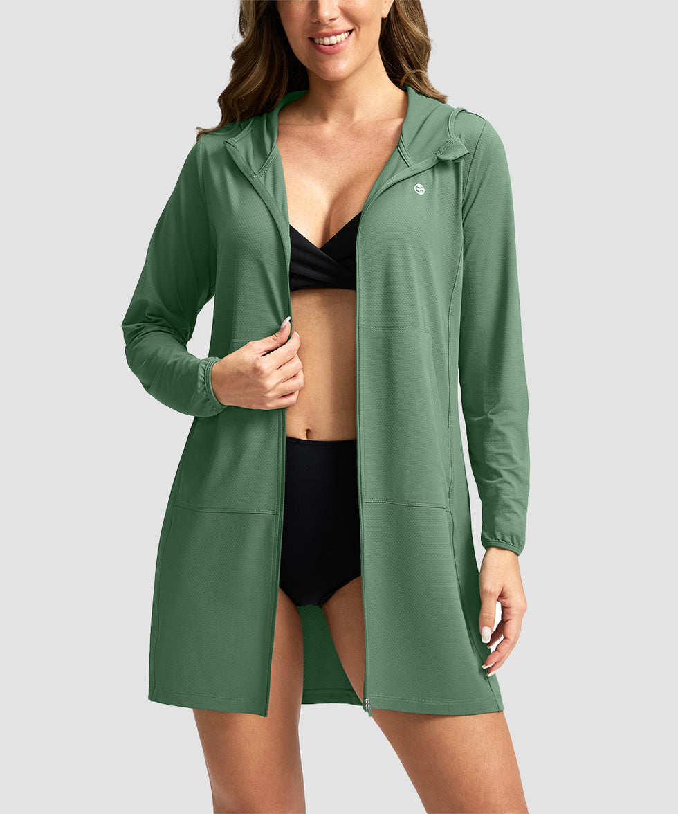 women's uv protection cover-up hoodie in slate green - front view