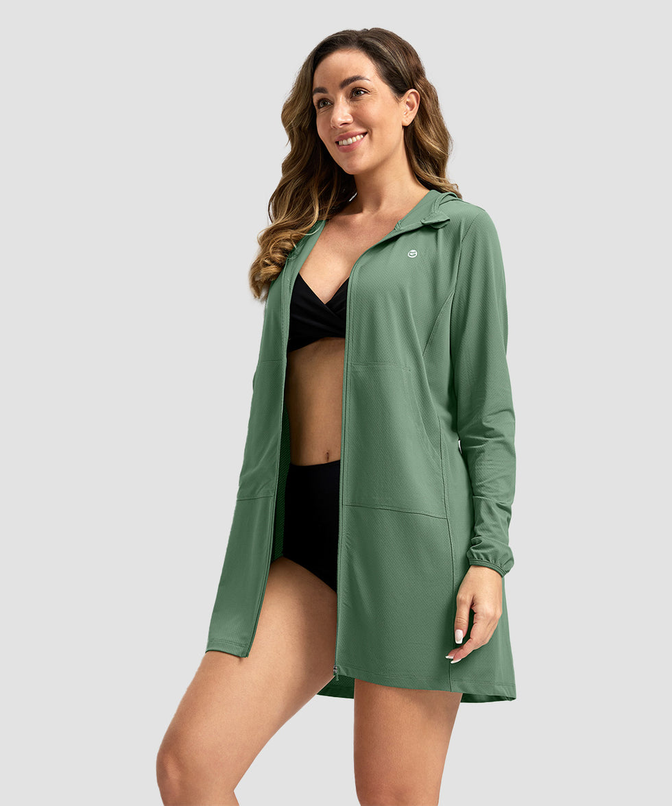 women's uv protection cover-up hoodie in slate green - side view