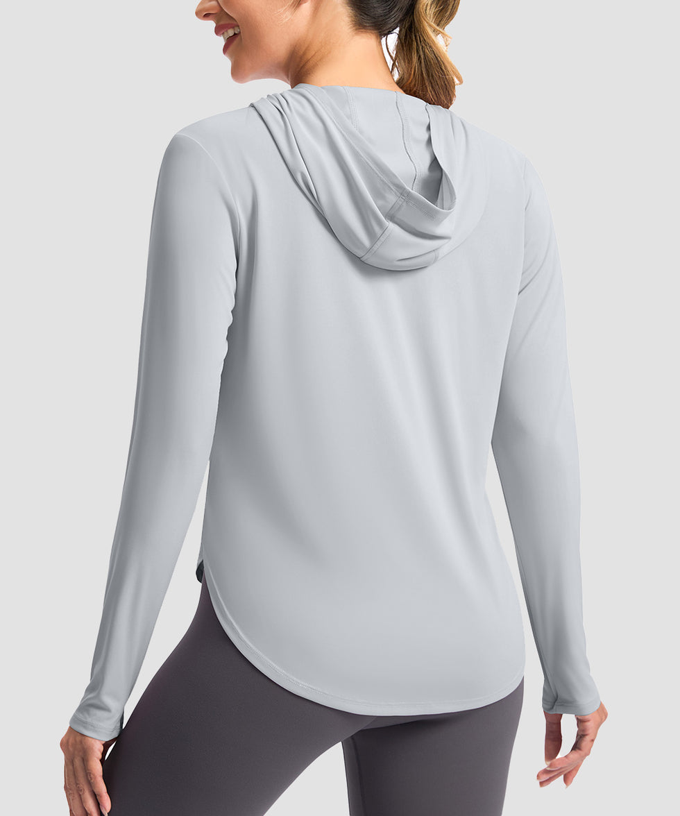 women's uv protection crew neck hoodie in cloudy gray - back view