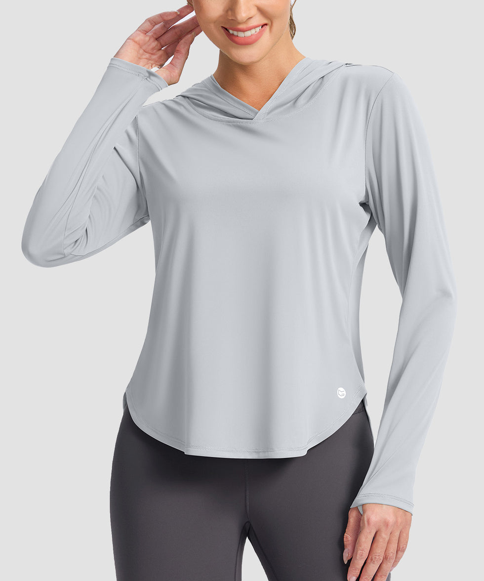women's uv protection crew neck hoodie in cloudy gray - front view