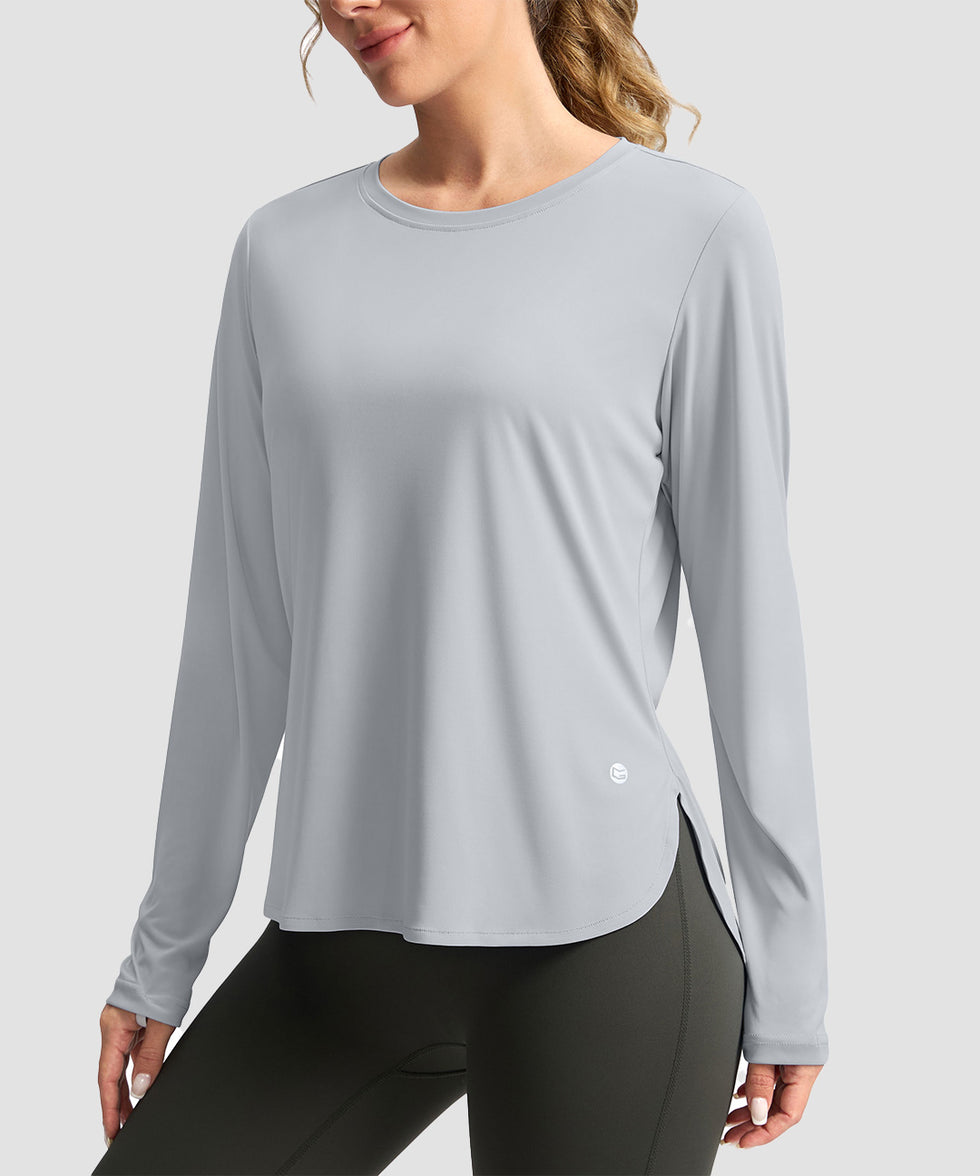 women's uv protection side slit long sleeve in bright gray - side view