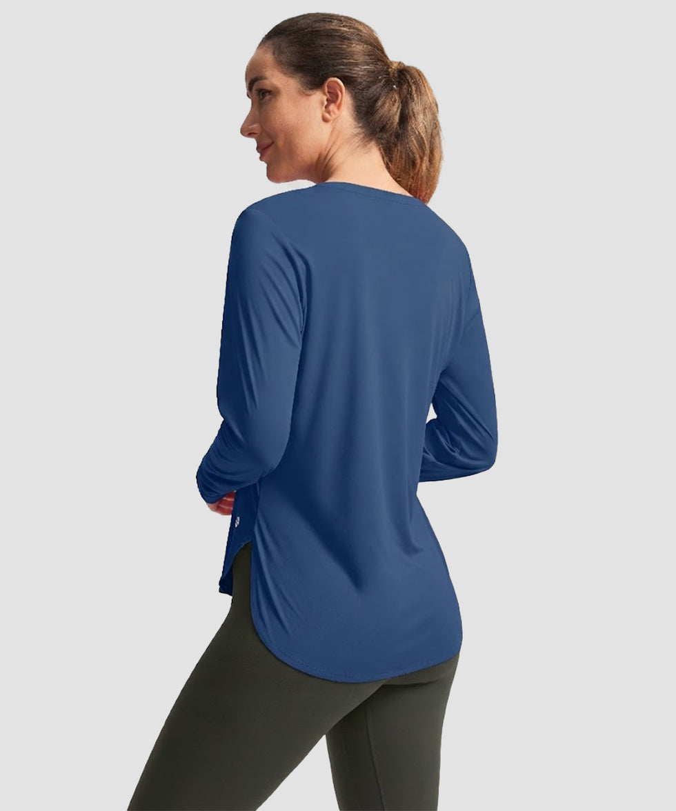 women's uv protection side slit long sleeve in dark blue - back view