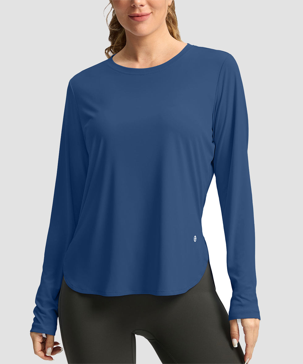 women's uv protection side slit long sleeve in dark blue - front view