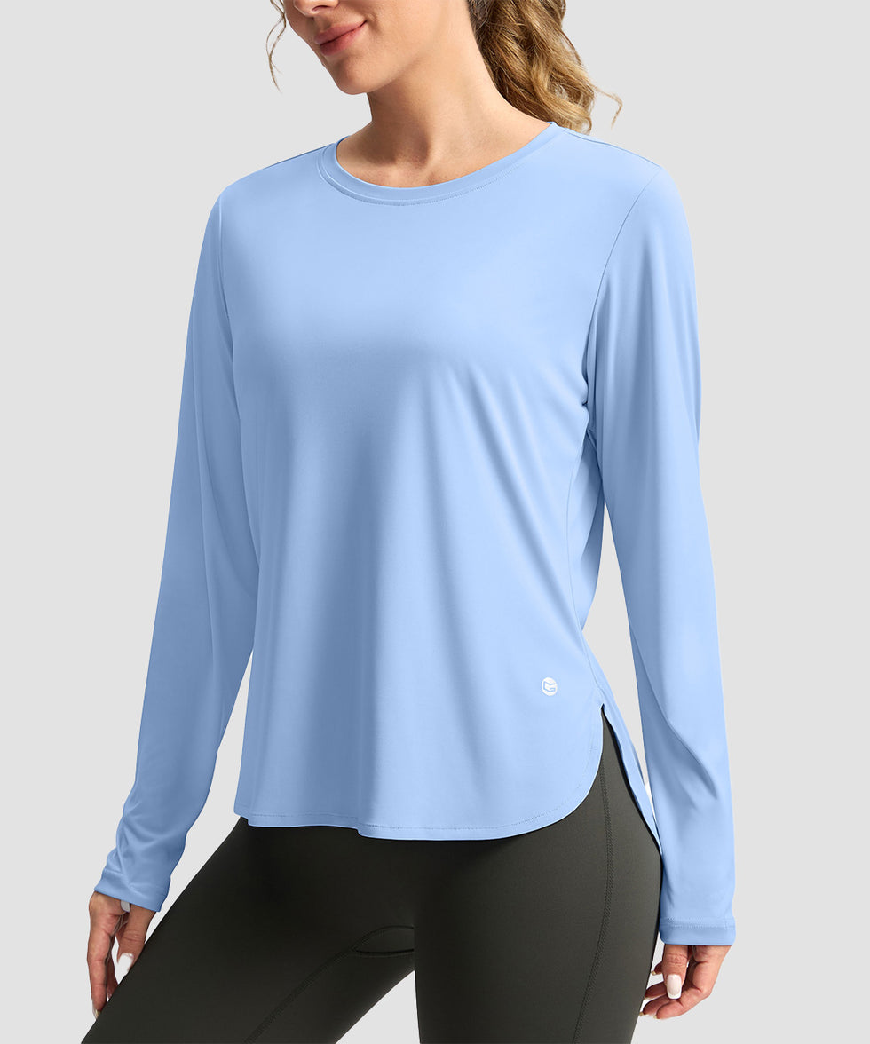 women's uv protection side slit long sleeve in light blue - side view