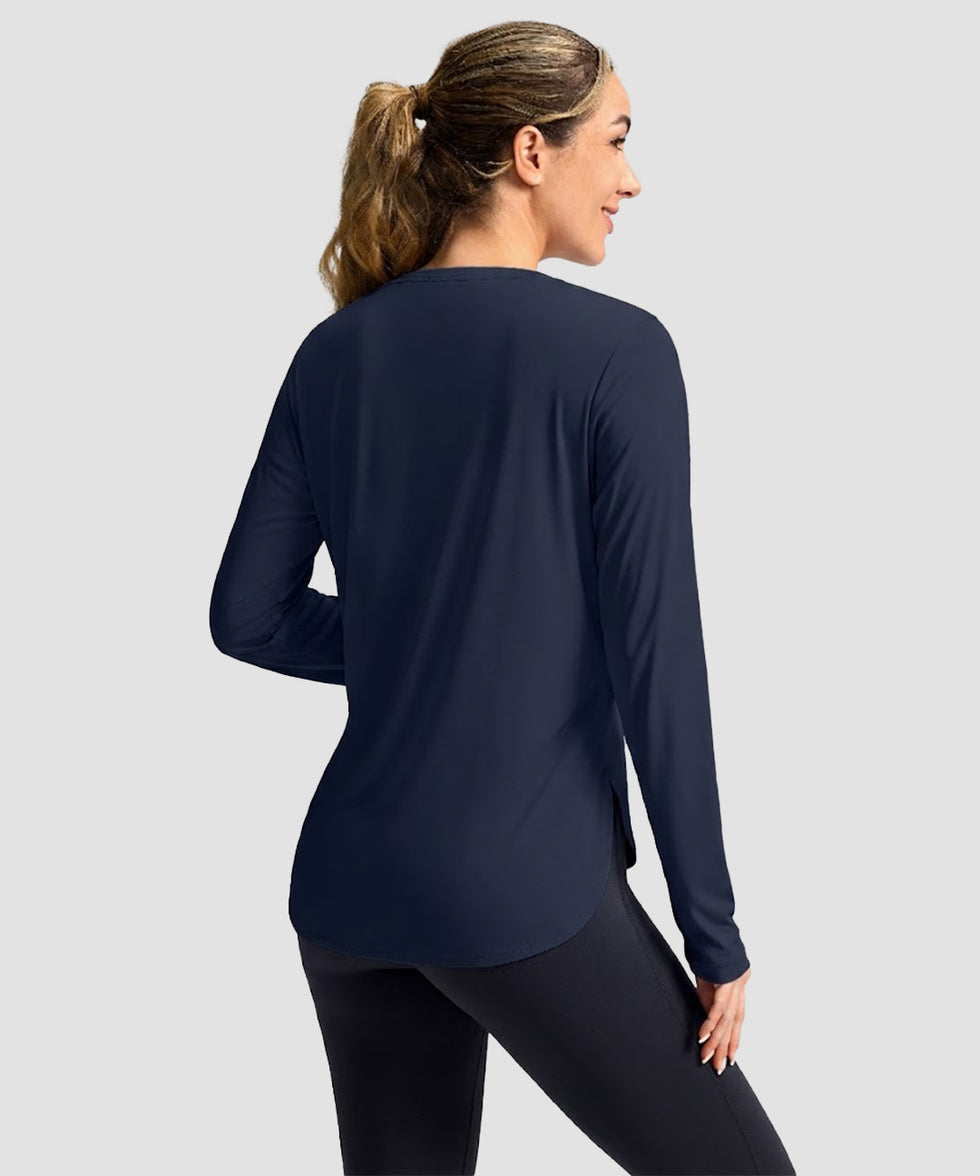 women's uv protection side slit long sleeve in navy - back view