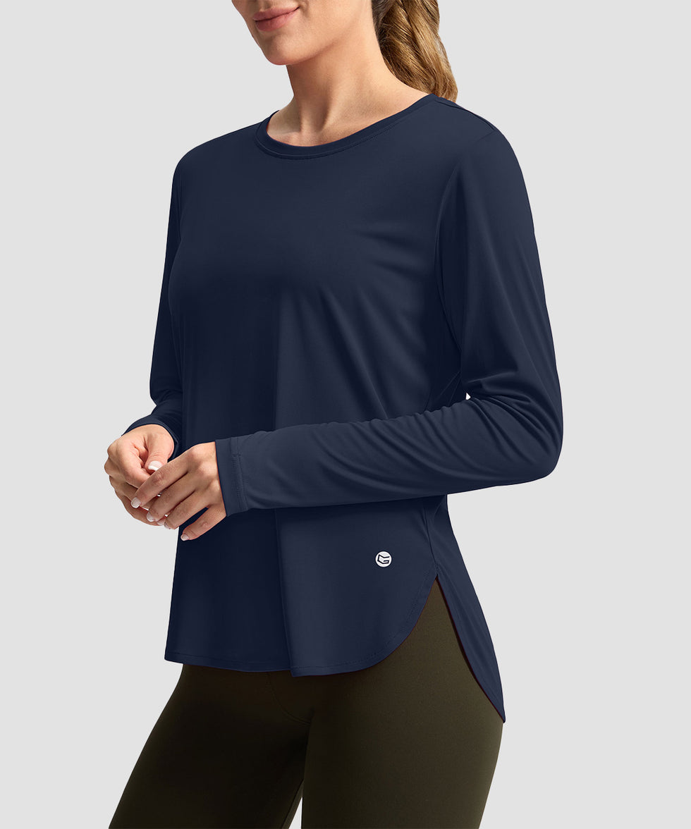 women's uv protection side slit long sleeve in navy - side view