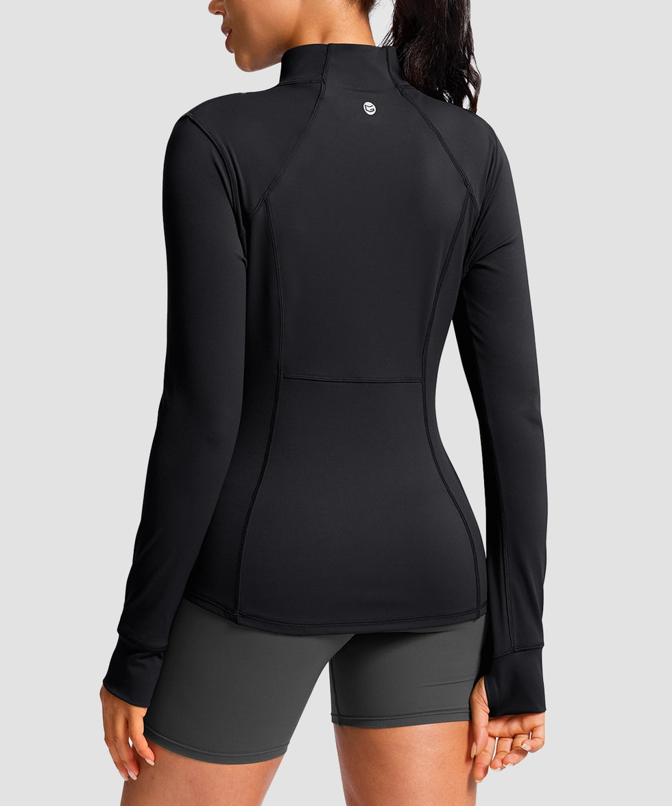 women's zip-up slim fit hip length jacket in black - back view
