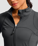women's zip-up slim fit hip length jacket in dark gray - collar detail view