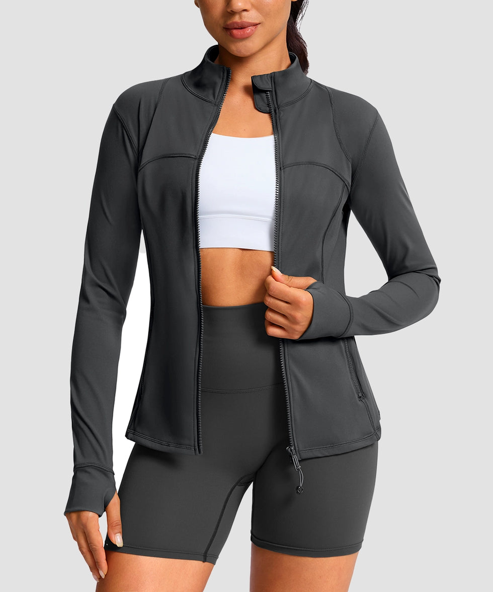 women's zip-up slim fit hip length jacket in dark gray - front view