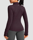 women's zip-up slim fit hip length jacket in deep purple - back view