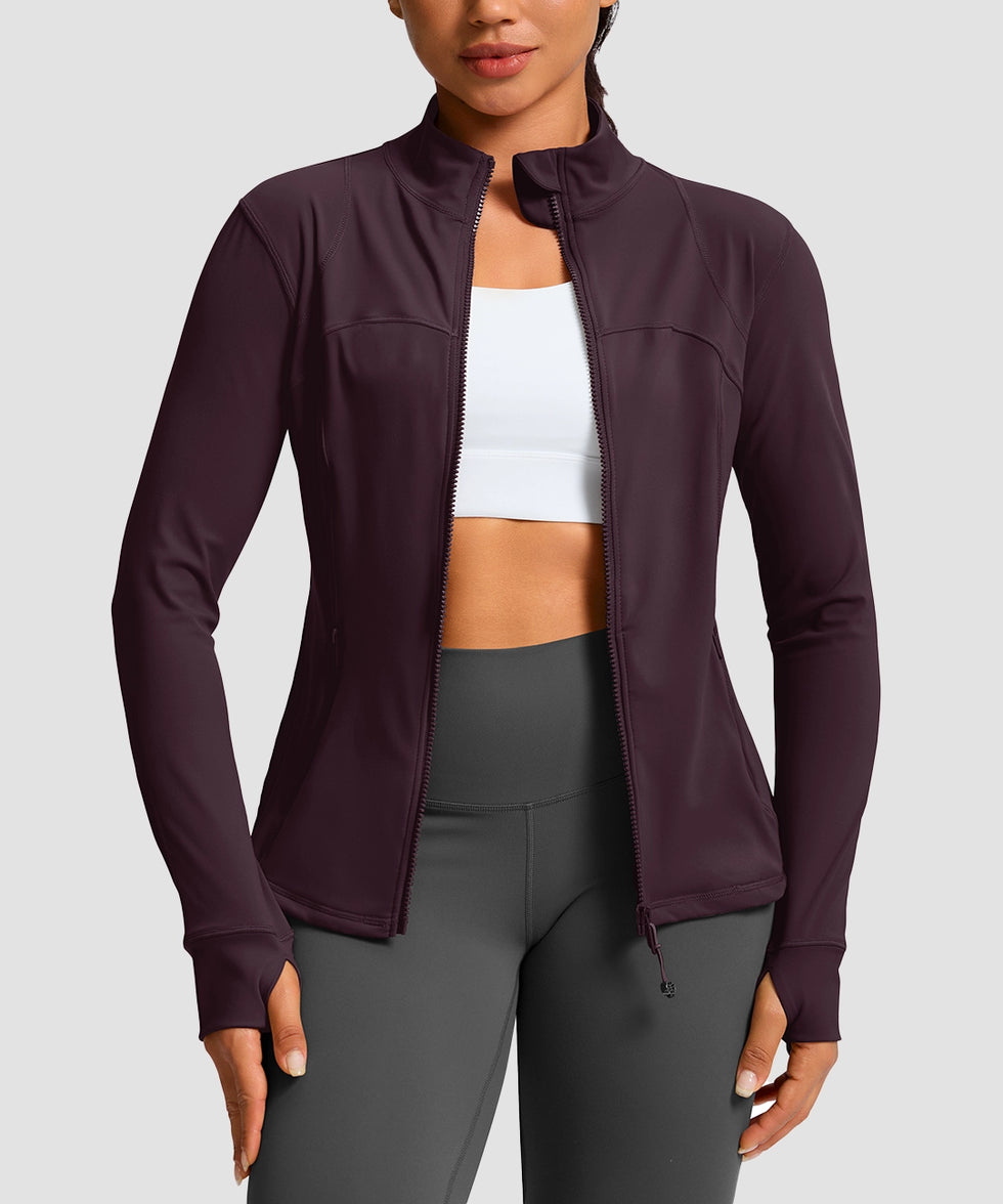 women's zip-up slim fit hip length jacket in deep purple - front view