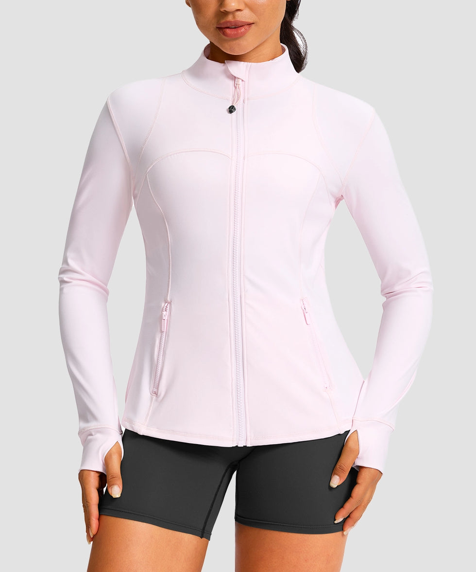 women's zip-up slim fit hip length jacket in light pink - front view