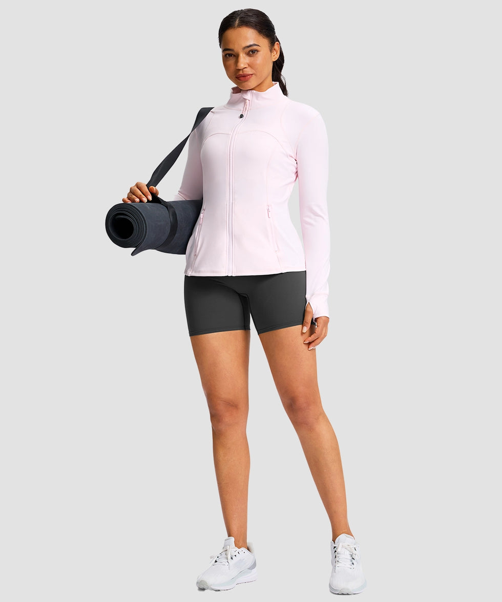 women's zip-up slim fit hip length jacket in light pink - side view