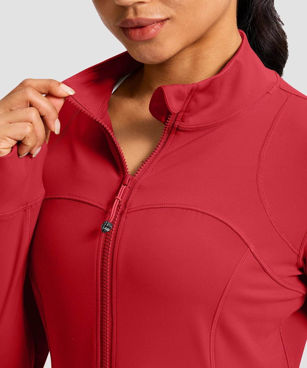 women's zip-up slim fit hip length jacket in savannah red - collar detail view
