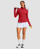 women's zip-up slim fit hip length jacket in savannah red - side view