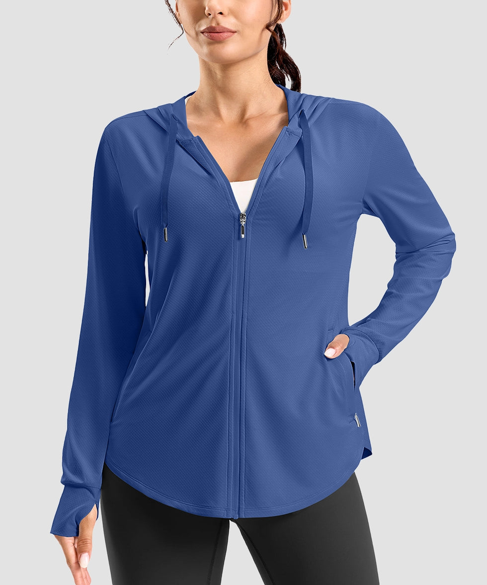 women's zip-up with 4 pockets hooded jacket in blue - pocket detail