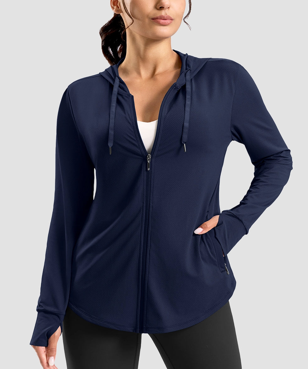 women's zip-up with 4 pockets hooded jacket in navy - pocket detail