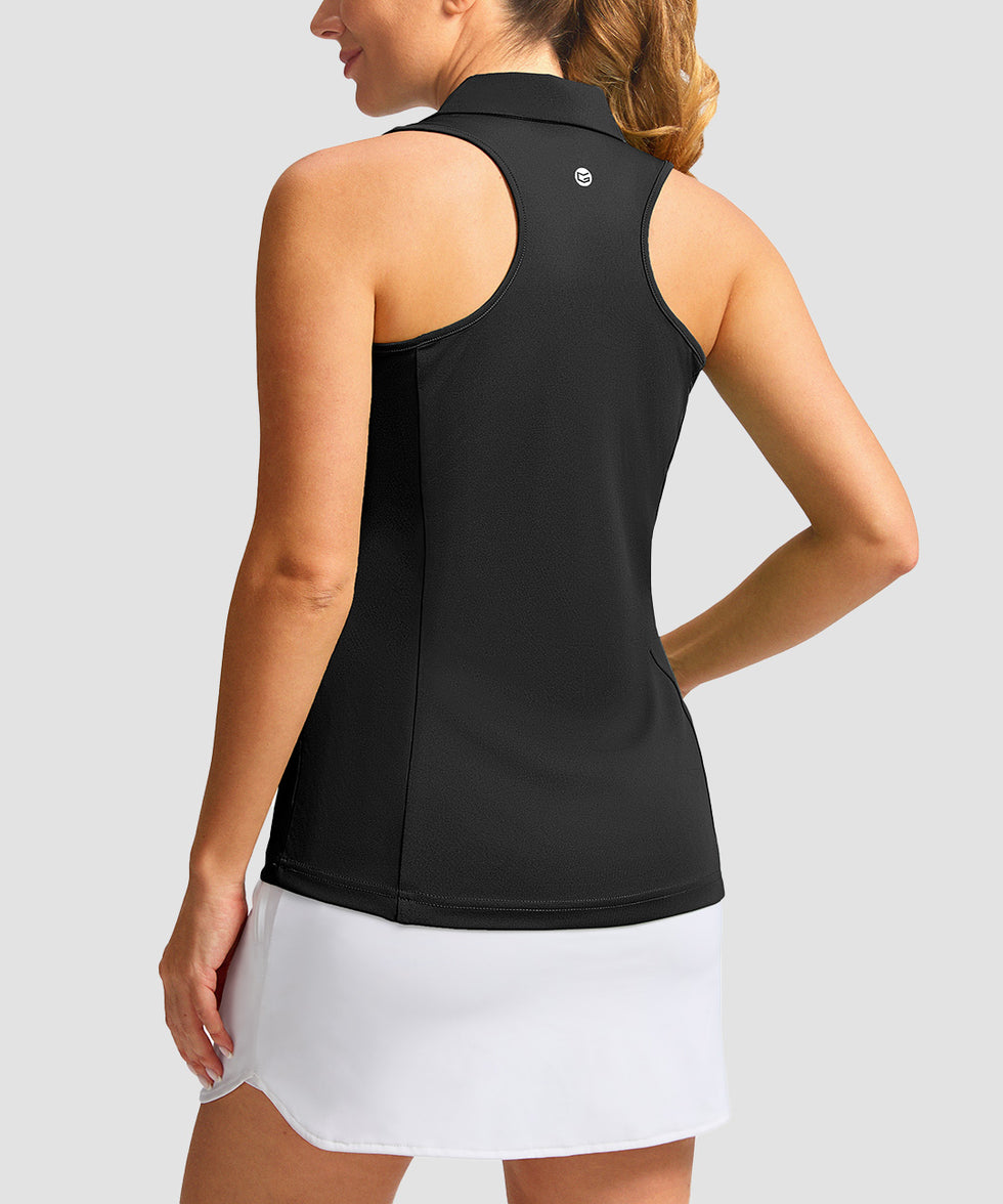 zip up racerback polo tank in black - back view