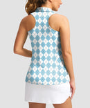 zip up racerback polo tank in blue plaid - back view