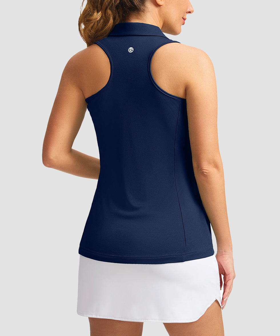 zip up racerback polo tank in navy - back view