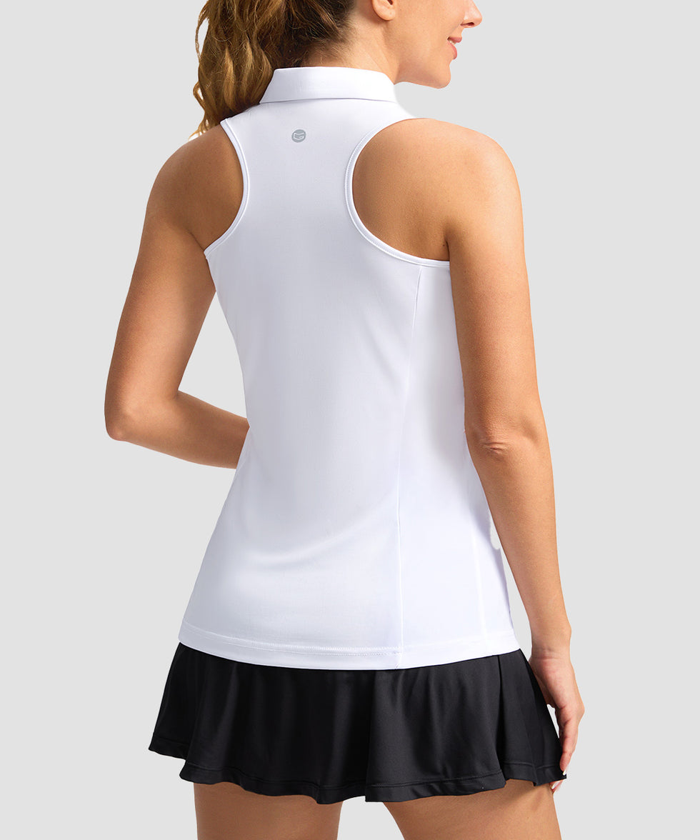 zip up racerback polo tank in white - back view