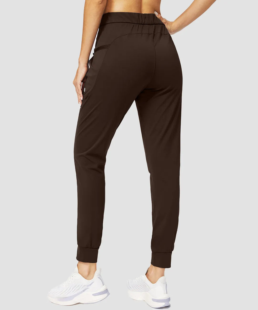 zipper pocket tapered joggers in brown - back view