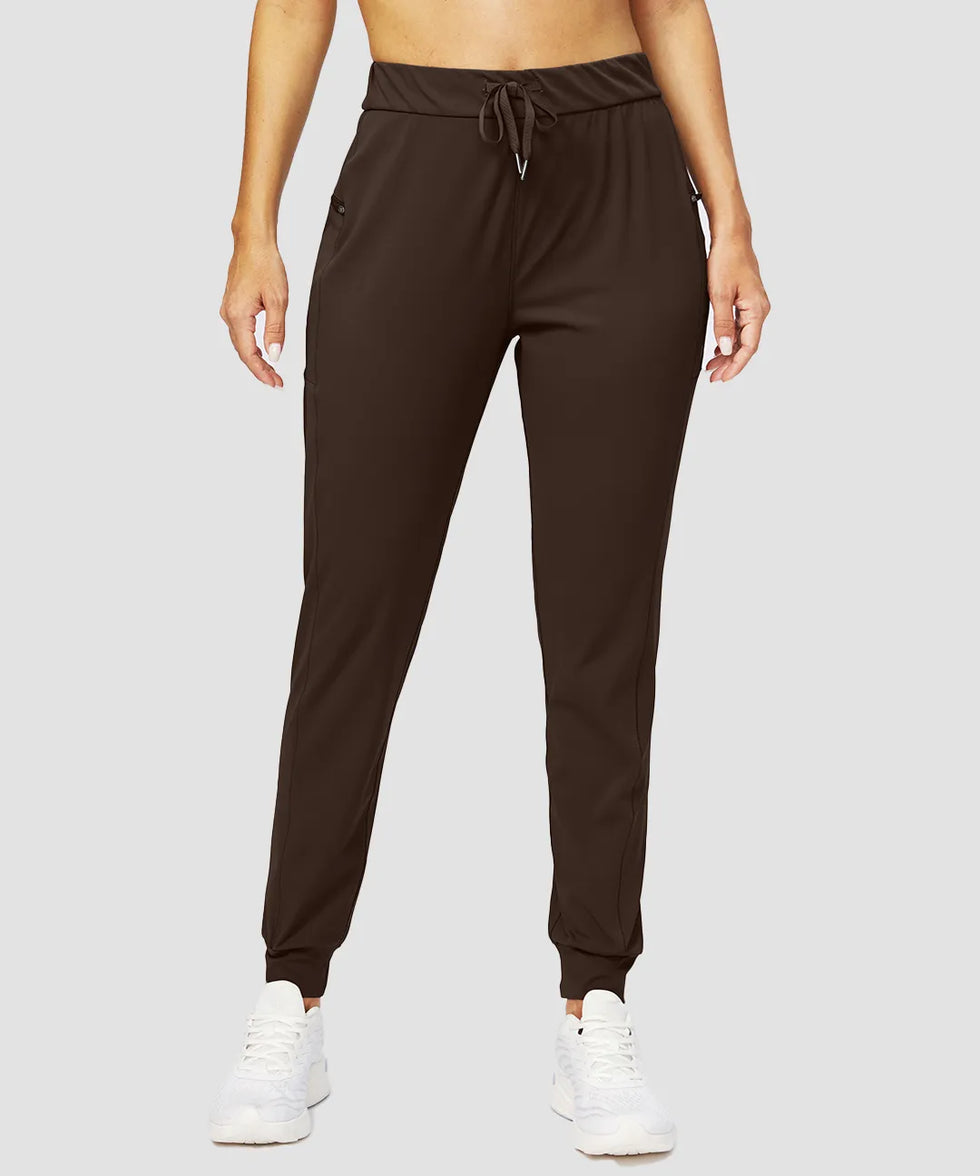 zipper pocket tapered joggers in brown - front view