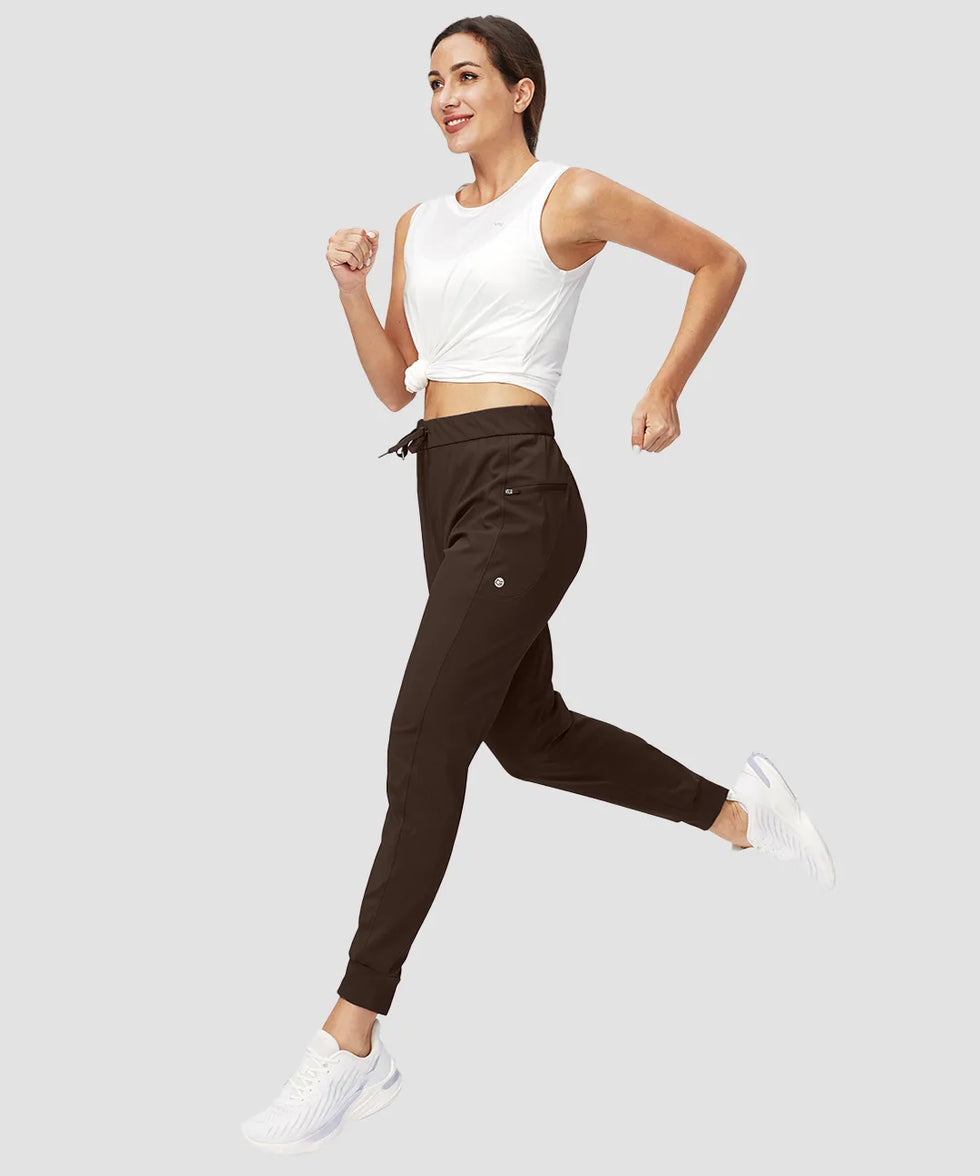 zipper pocket tapered joggers in brown on model