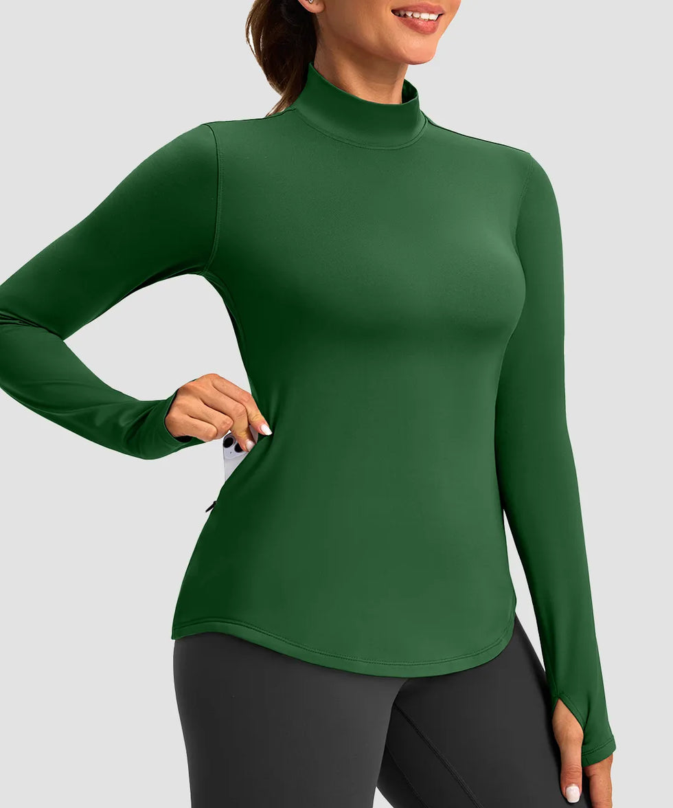 Mock Neck Zip Pockets Fleece Long Sleeve
