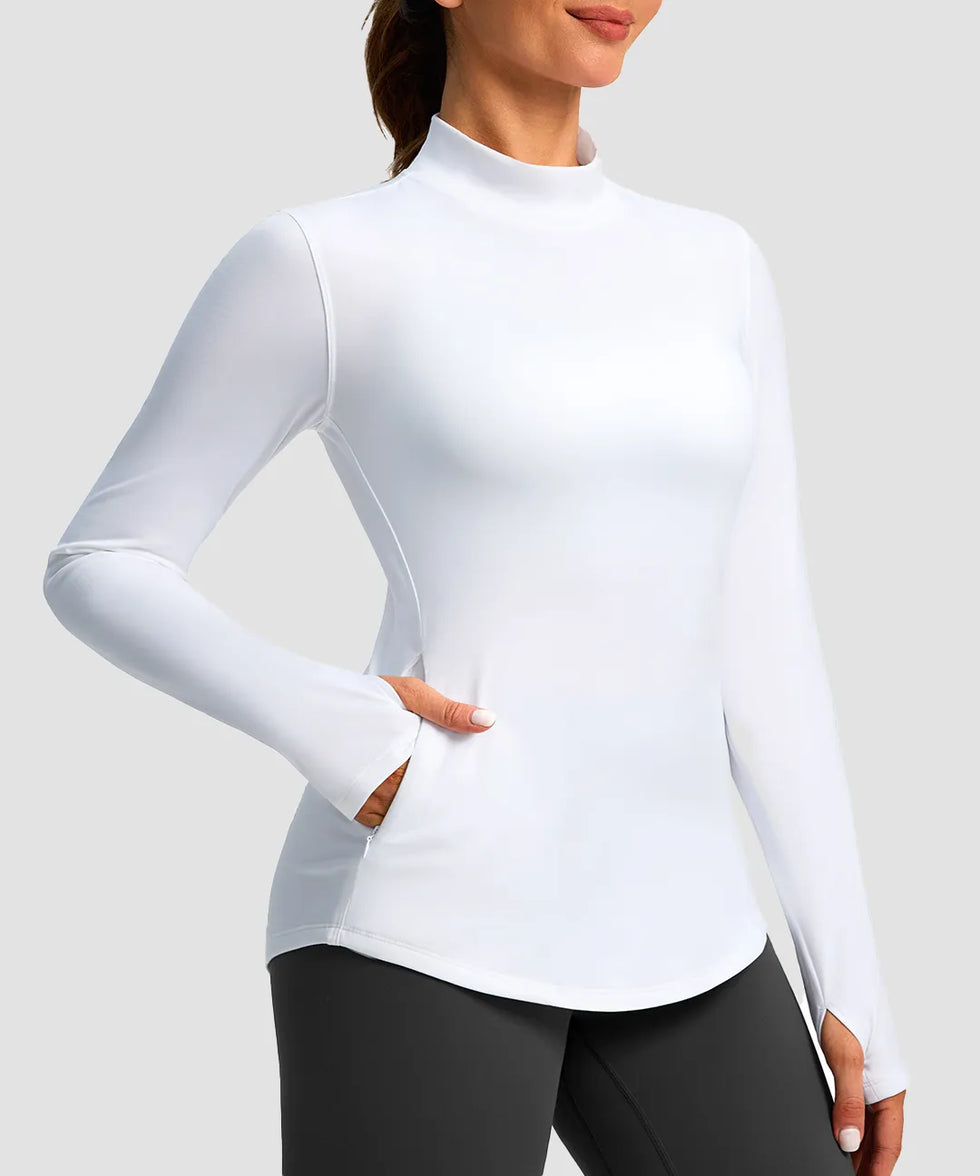 Mock Neck Zip Pockets Fleece Long Sleeve
