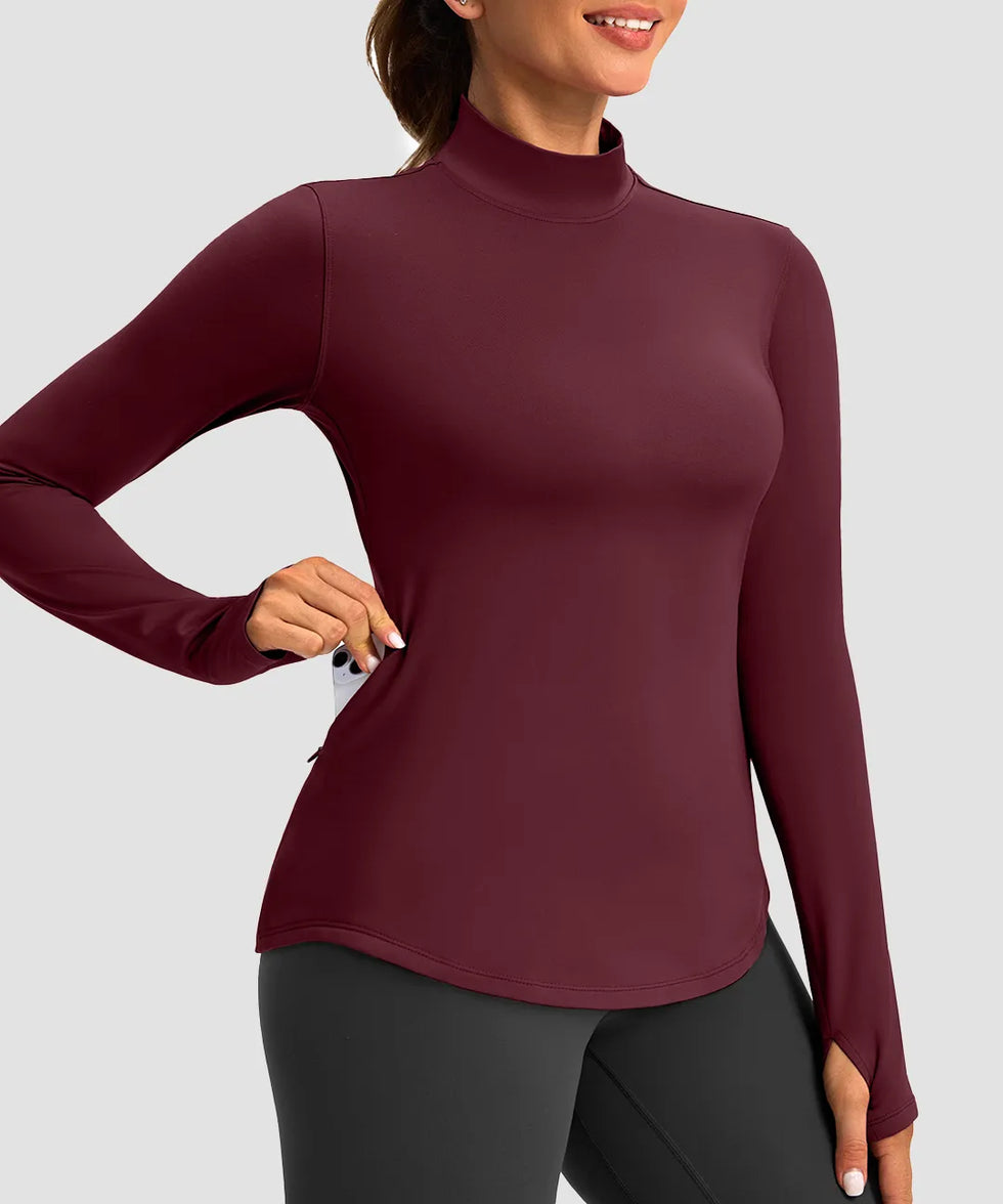 Mock Neck Zip Pockets Fleece Long Sleeve