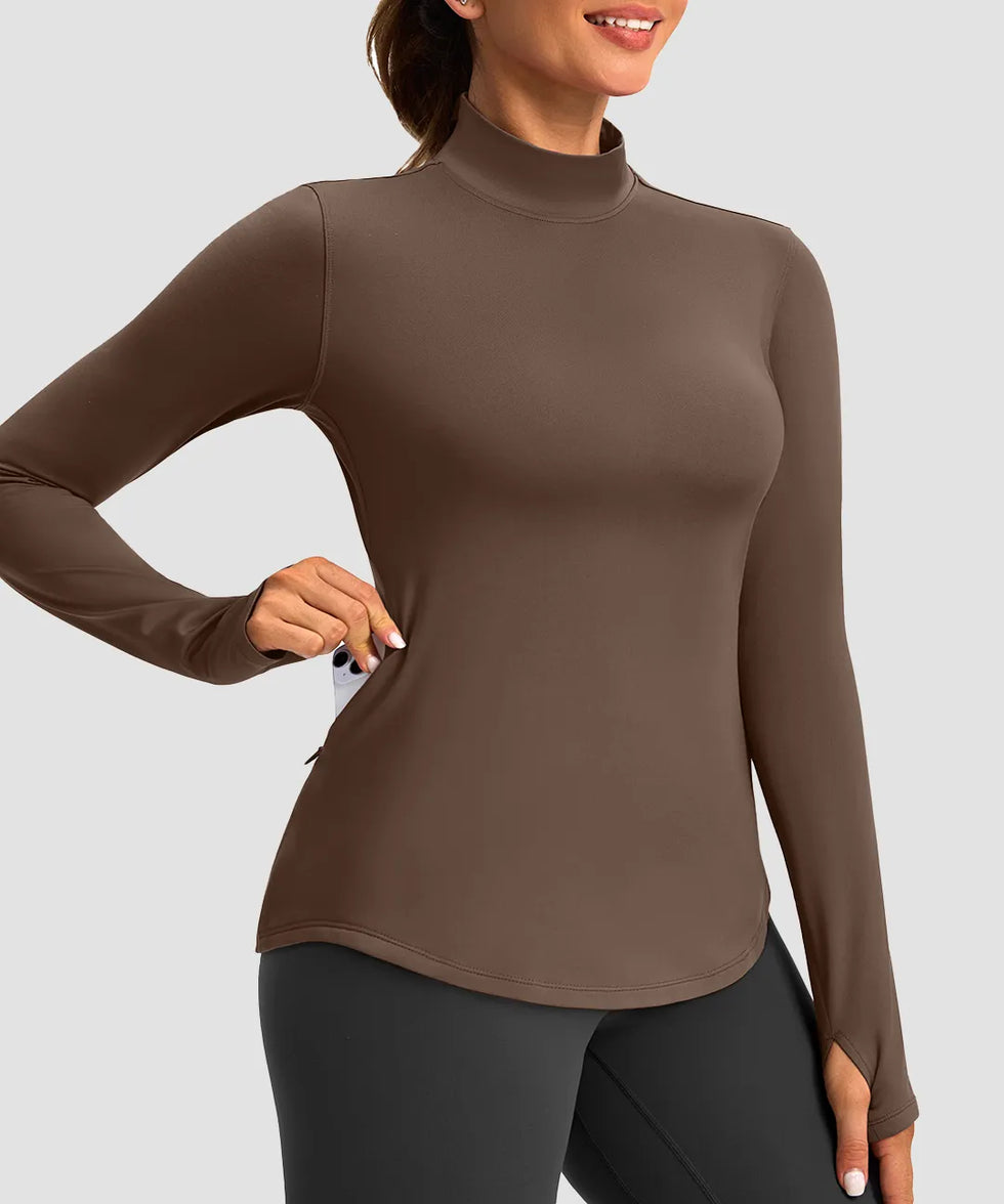 Mock Neck Zip Pockets Fleece Long Sleeve