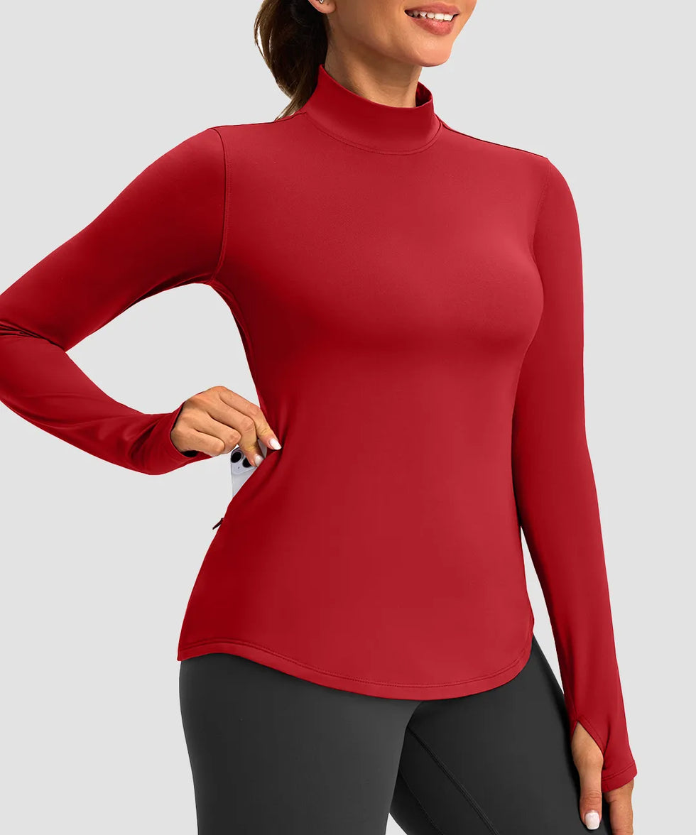 Mock Neck Zip Pockets Fleece Long Sleeve