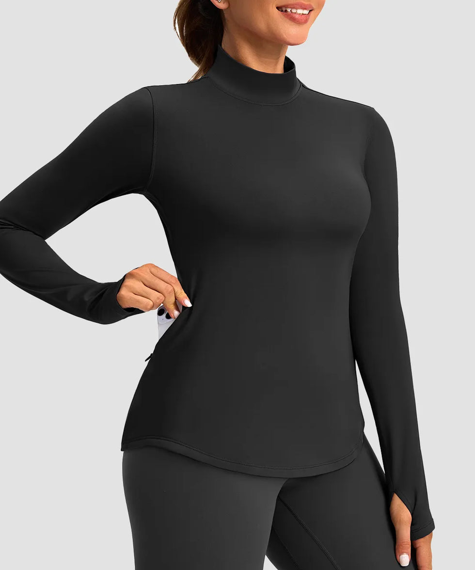 Mock Neck Zip Pockets Fleece Long Sleeve