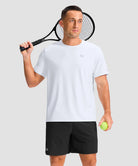 cooling upf 50+ performance t-shirt in white - on model playing tennis view