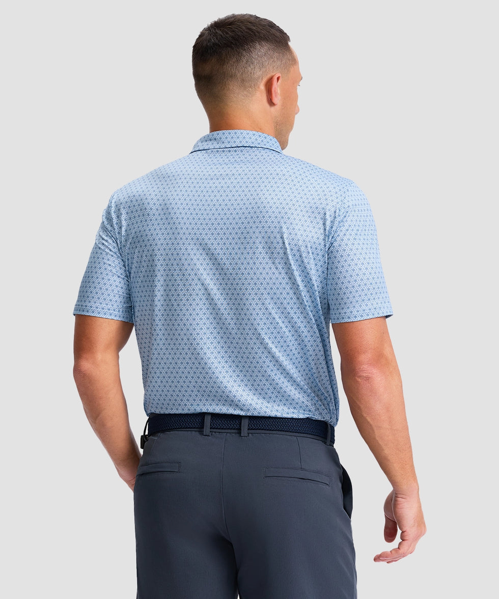 dry fit performance golf polo in blue flower - back view