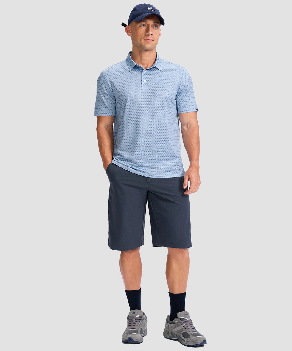 dry fit performance golf polo in blue flower - on model view