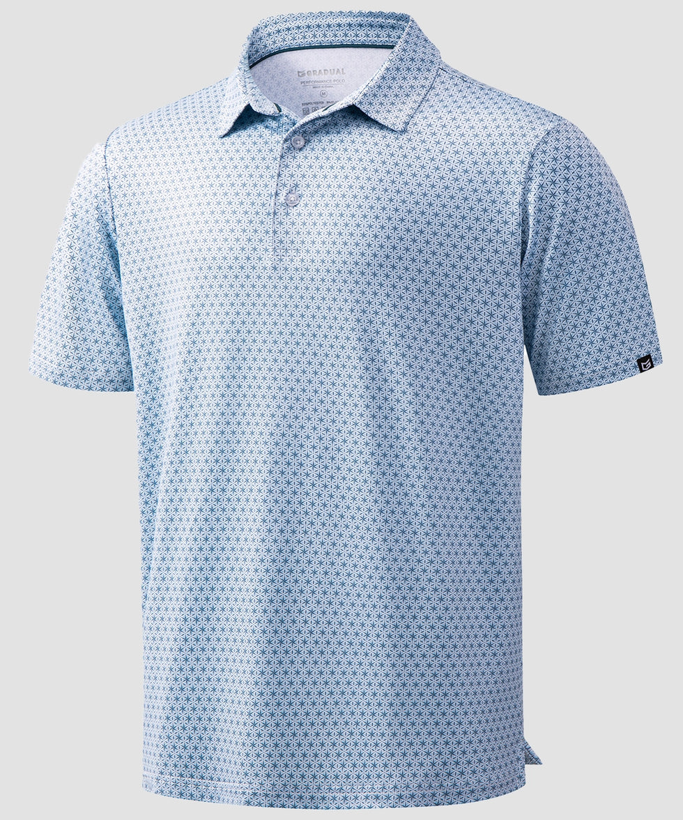 dry fit performance golf polo in blue flower - product view