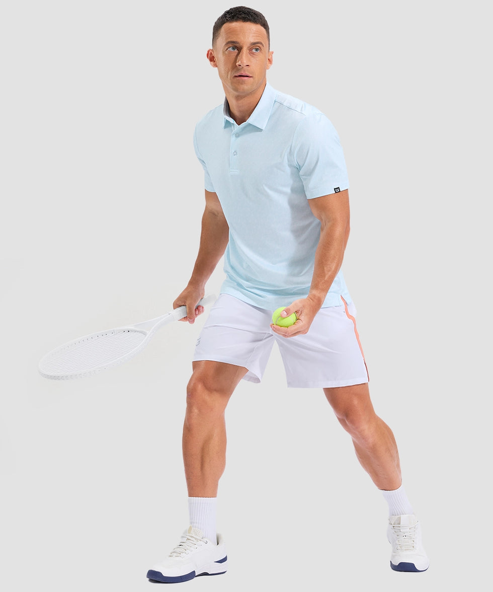 dry fit performance golf polo in blue hexagon - on model view