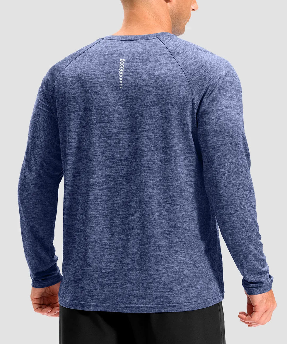 dry fit performance long sleeve in heather blue gray - back view