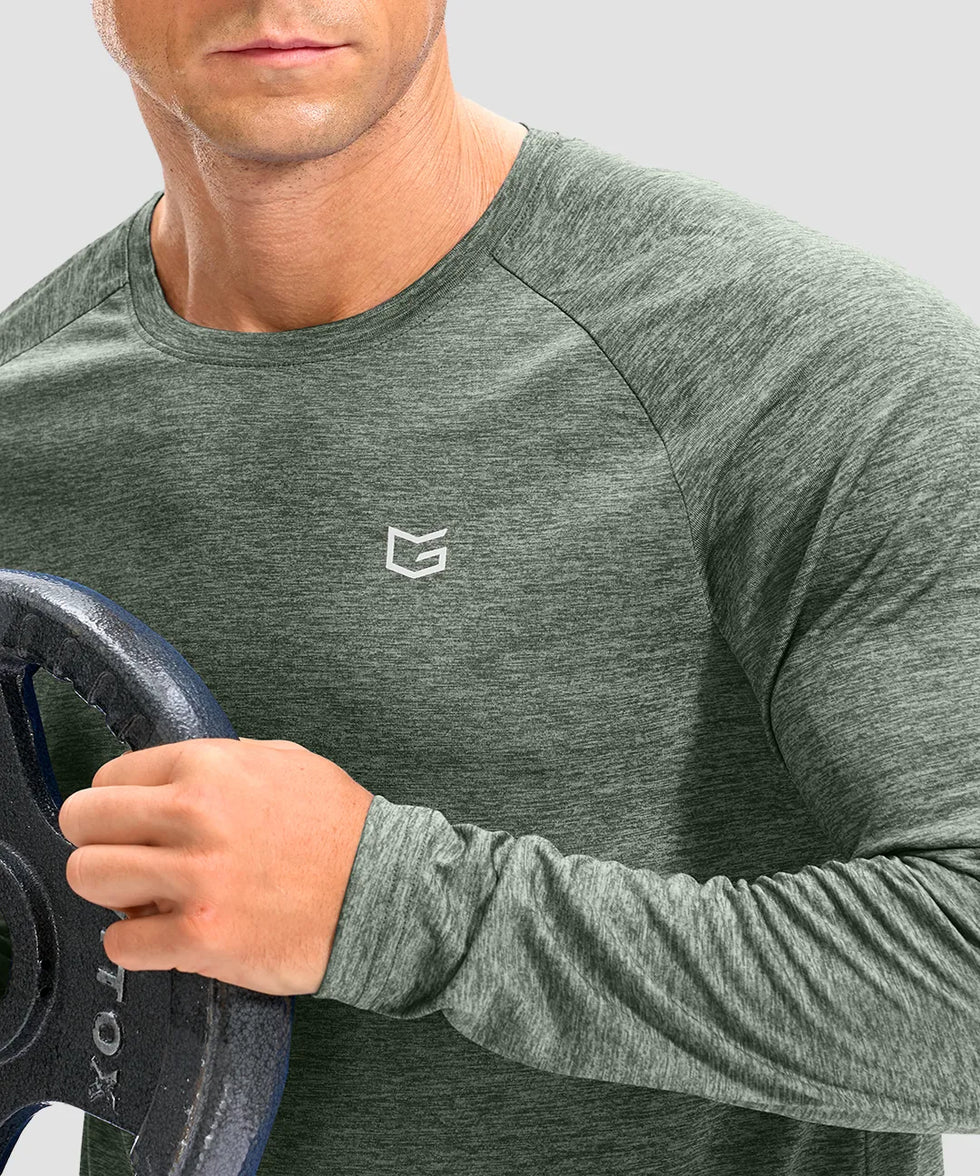 dry fit performance long sleeve in heather sage green - detail view
