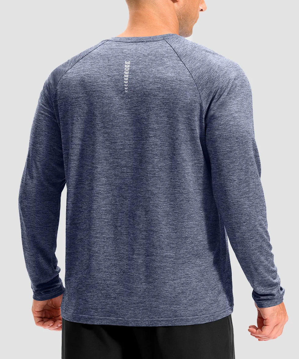 dry fit performance long sleeve in heather slate blue - back view