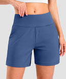 elastic waist bermuda shorts 5" in blue - on model front view