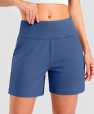elastic waist bermuda shorts 5" in blue - on model front view